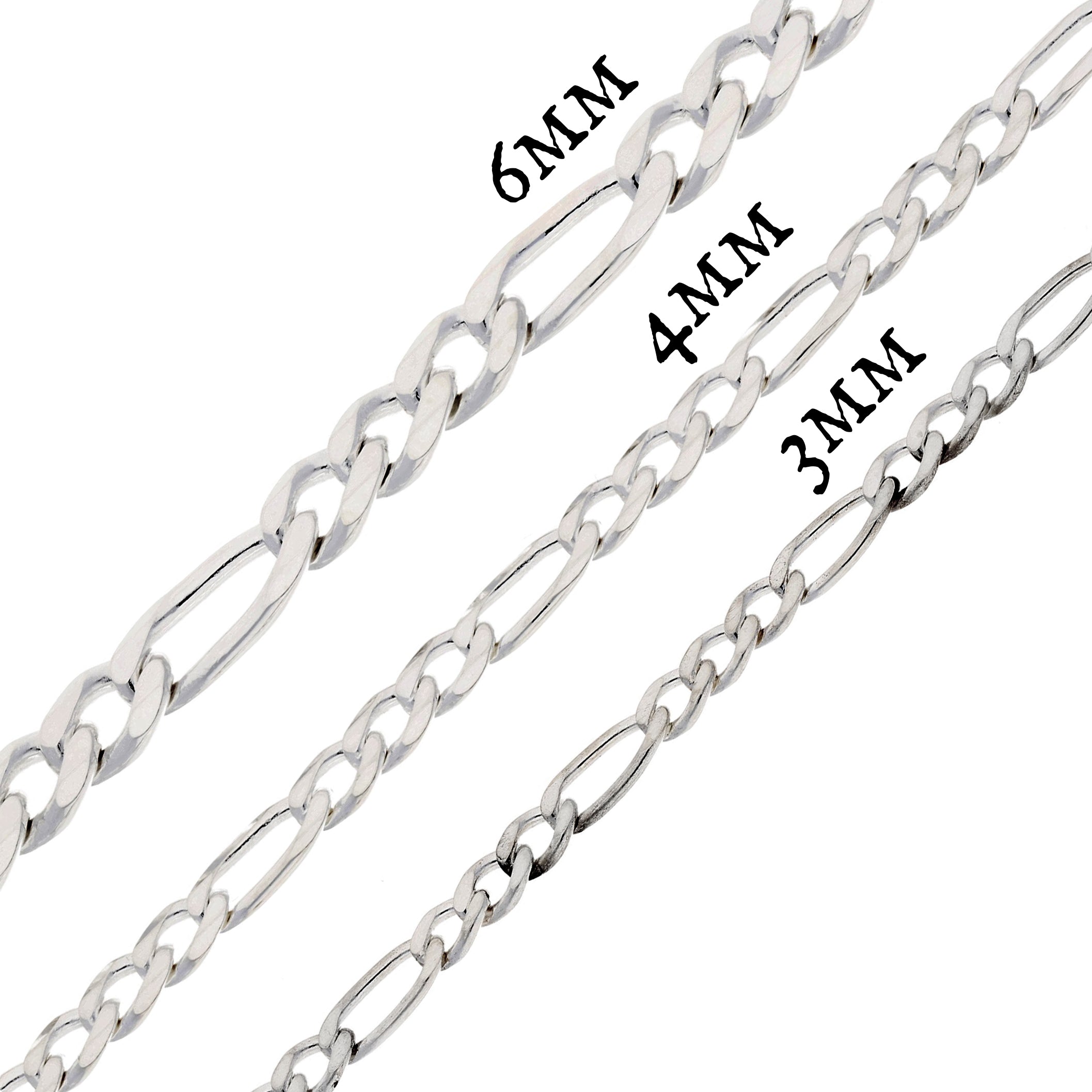 Diamond-Cut 4mm Wide Sterling Silver Figaro Chain Necklace Italian