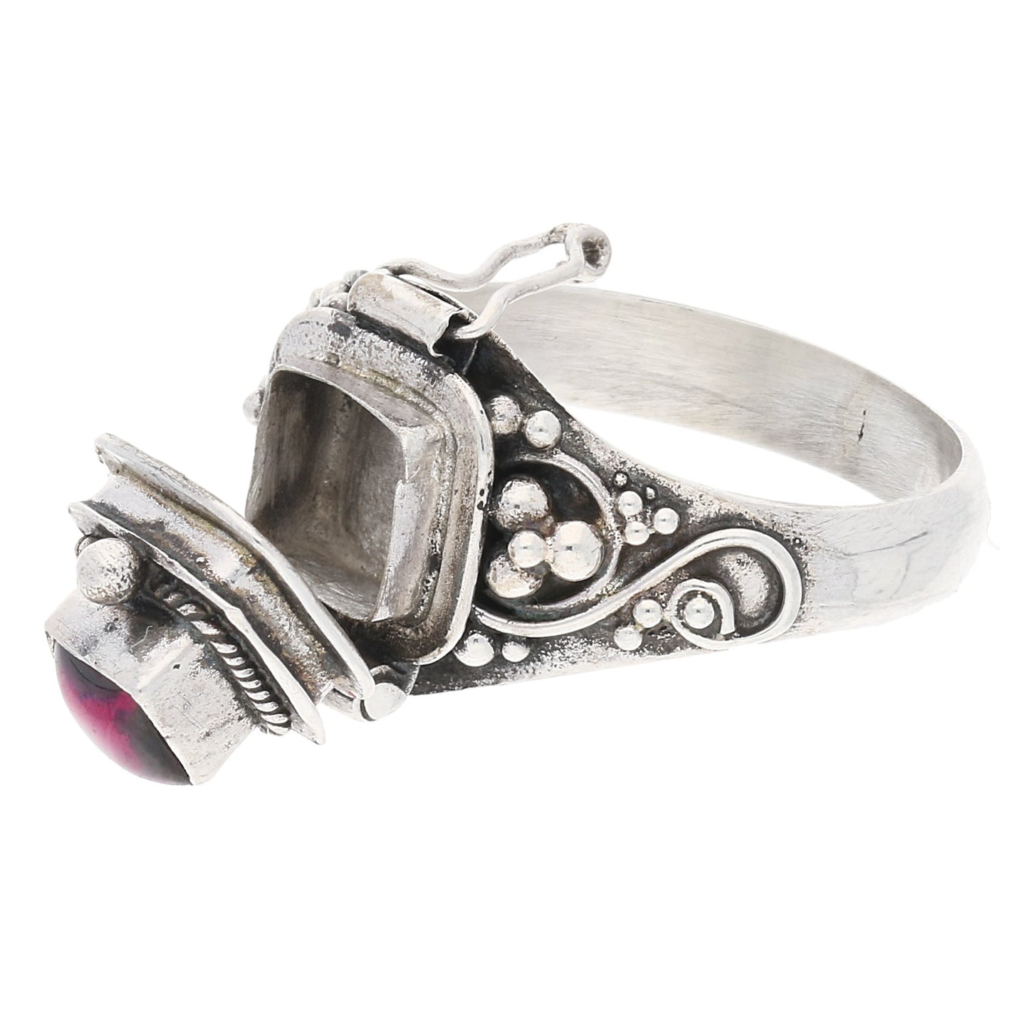 Sterling Silver Square Garnet Poison Locket Box Ring - Silver Insanity