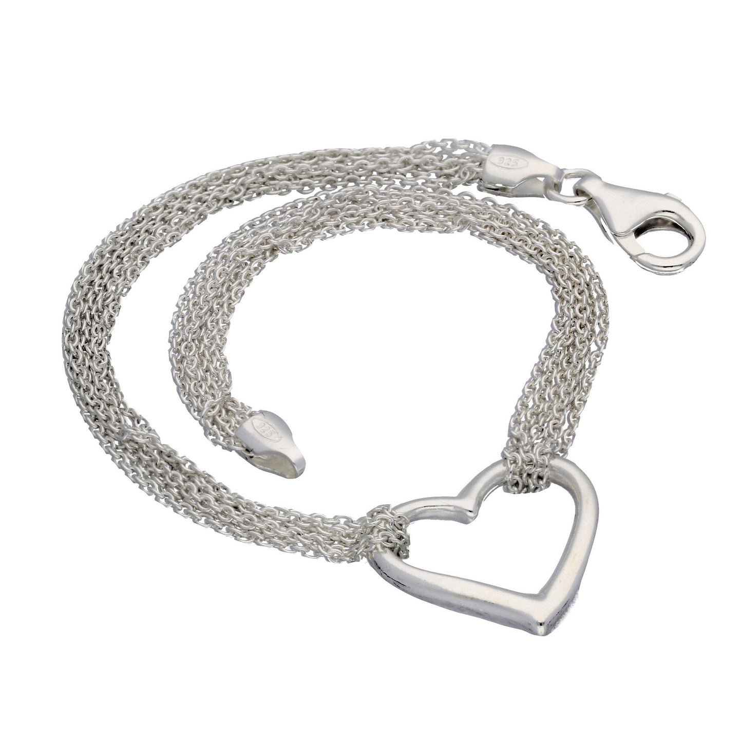 Sterling Silver Multi Strand Chain and Open Heart Bracelet - 7.5"