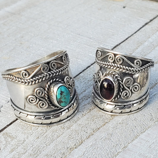 Solid Sterling Silver Cigar Band Ring with Gemstone | Garnet or Turquoise