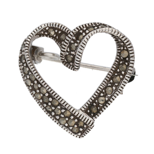 Open Heart Marcasite Pin Brooch ~ Sterling Silver