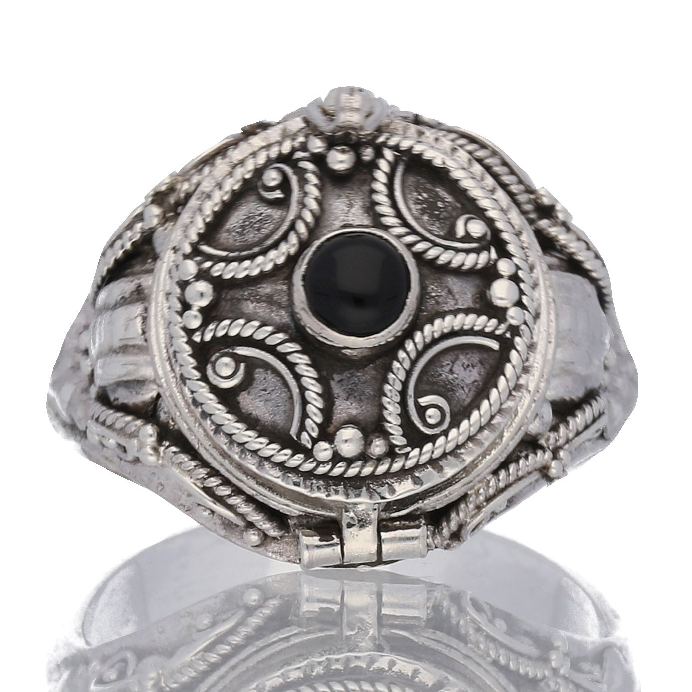 Medieval Ringed Cross Poison Locket Sterling Silver and Black Onyx Ring - Silver Insanity